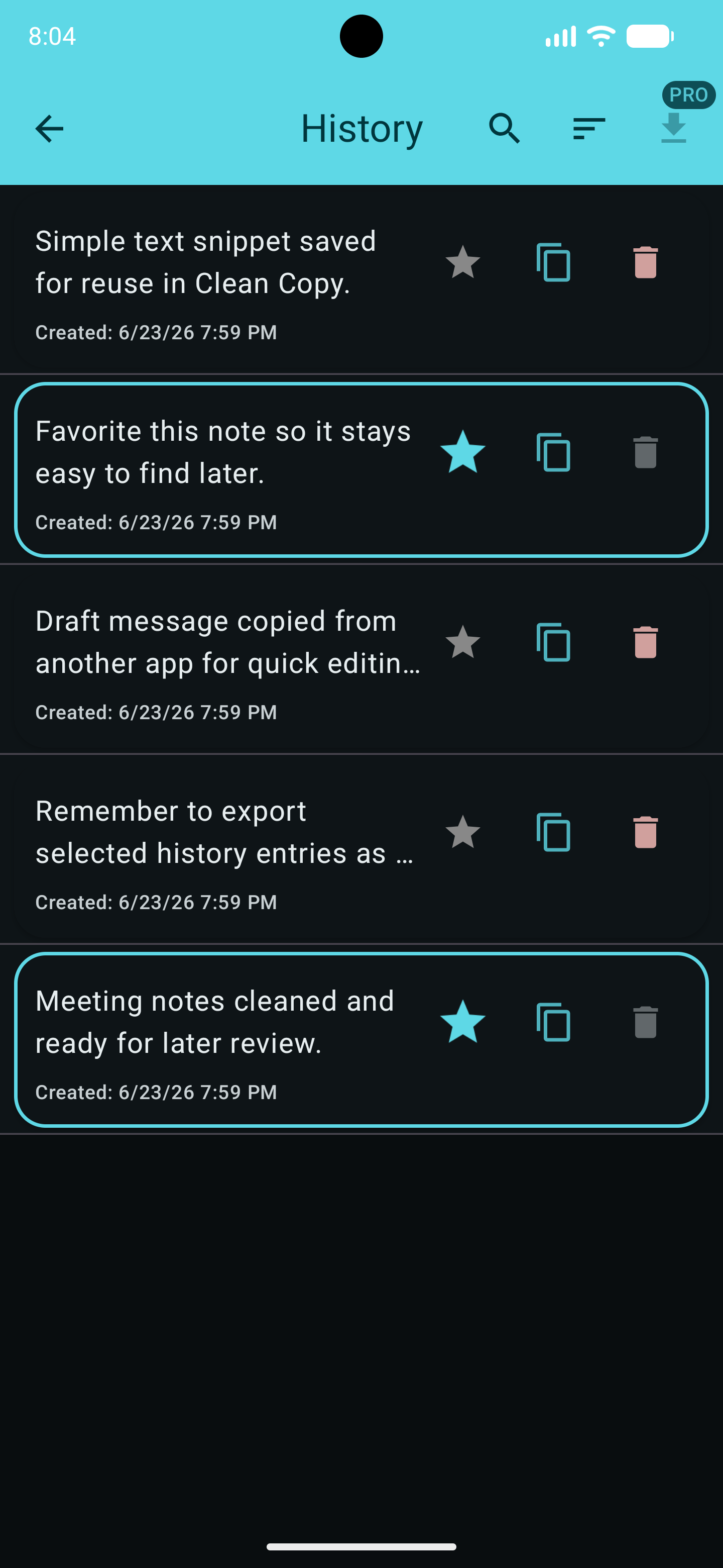 Clean Copy history screen with saved clipboard entries