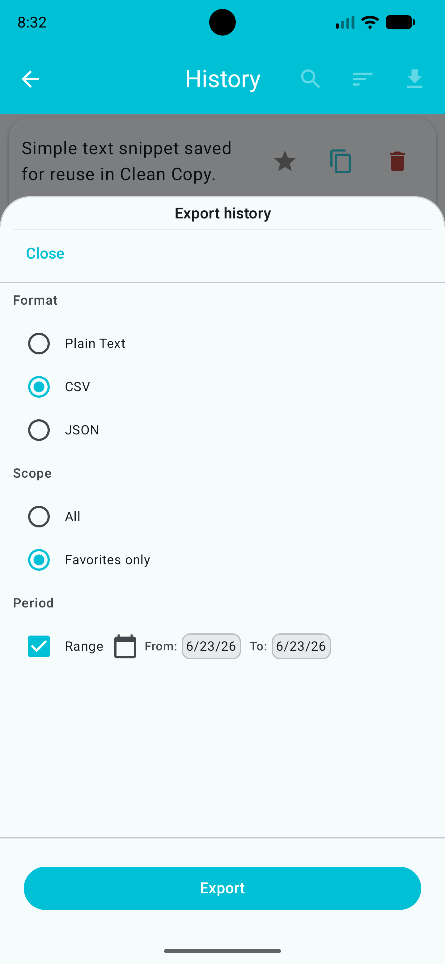 Clean Copy export history modal with supported export formats