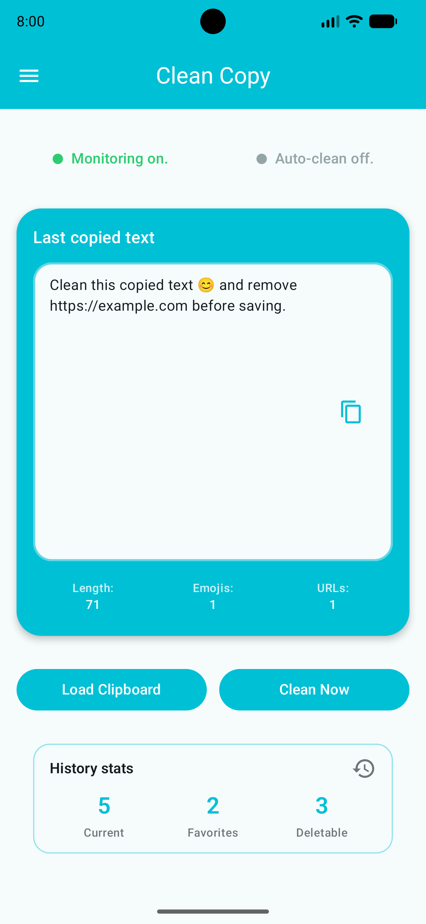 Clean Copy home screen with copied text and cleaning controls